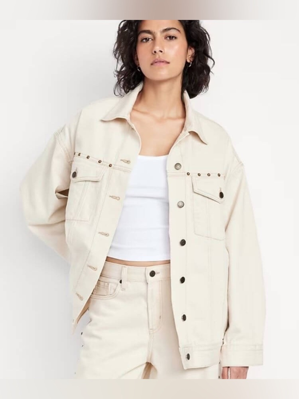 NWT Old Navy Oversized Studded Denim Trucker Jacket - Ecru/Cream